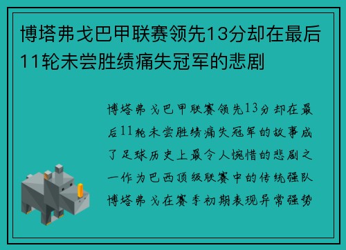 博塔弗戈巴甲联赛领先13分却在最后11轮未尝胜绩痛失冠军的悲剧